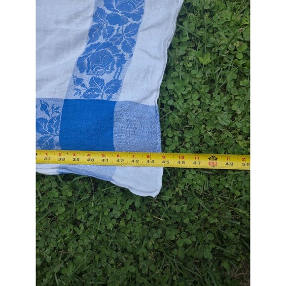 Vintage Tablecloth Floral Leaves Retro table linens Table Cloth blue white 1950s - Picture 6 of 12